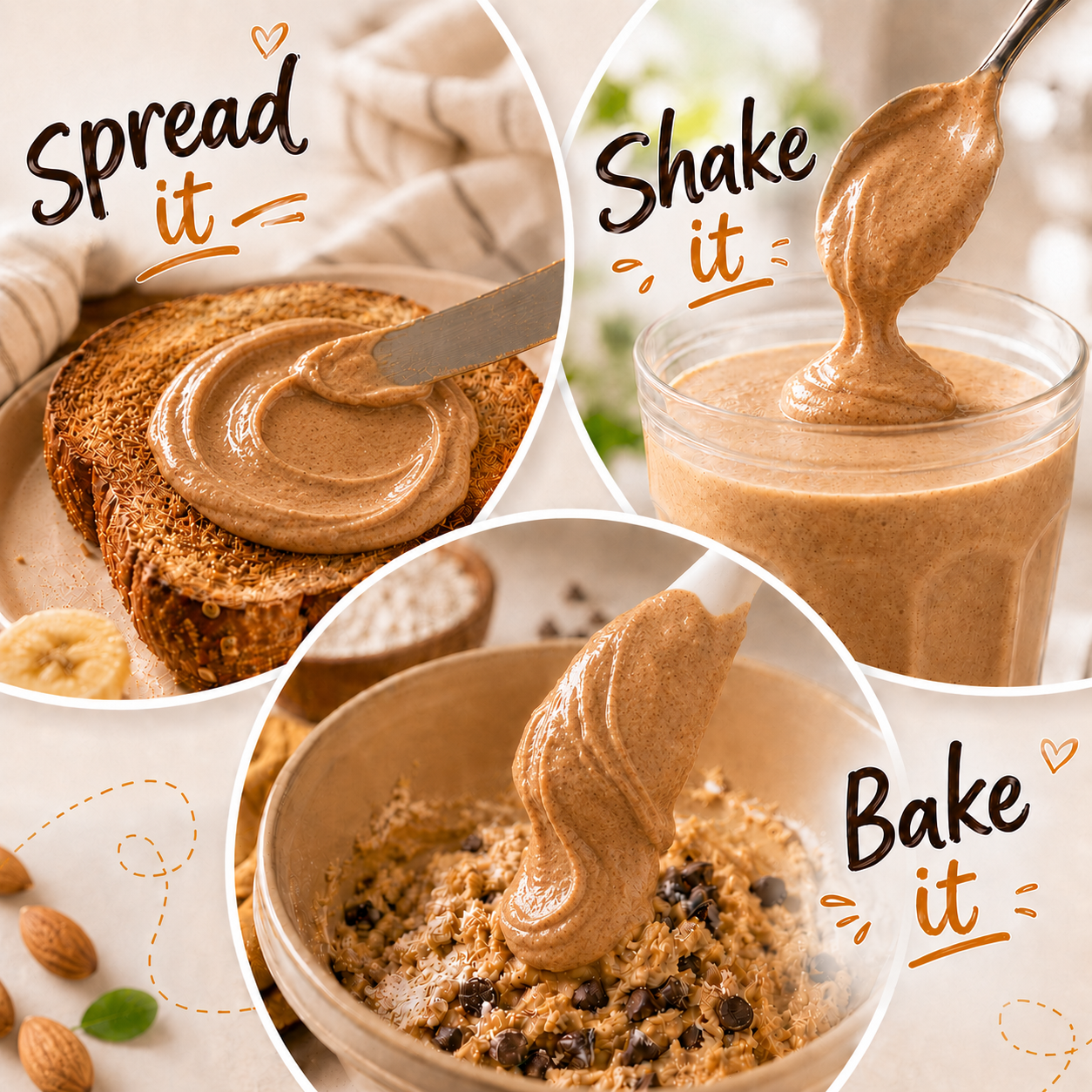 Collage of Almond Butter being spread, shaken, and baked with text overlay.
