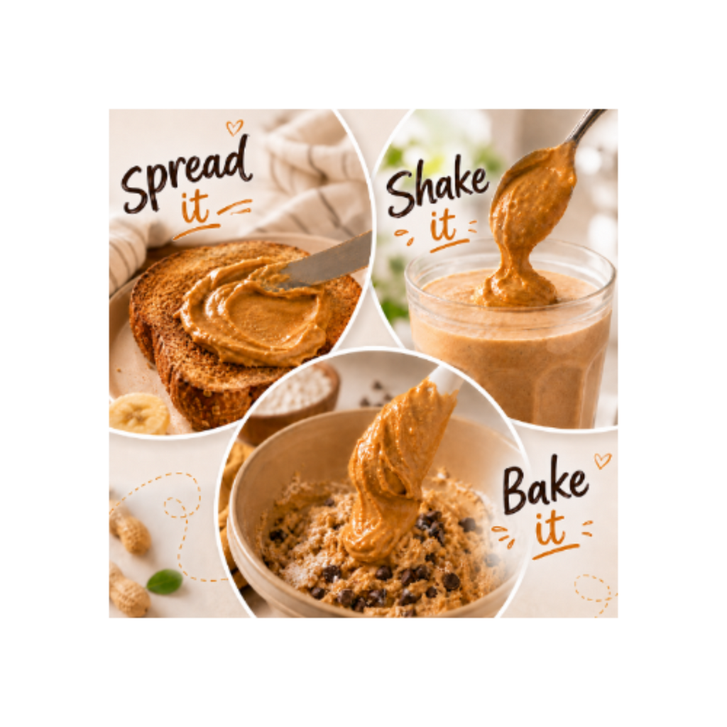 Collage of peanut butter being spread, shaken, and baked with text instructions.