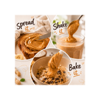 Collage of peanut butter being spread, shaken, and baked with text instructions.