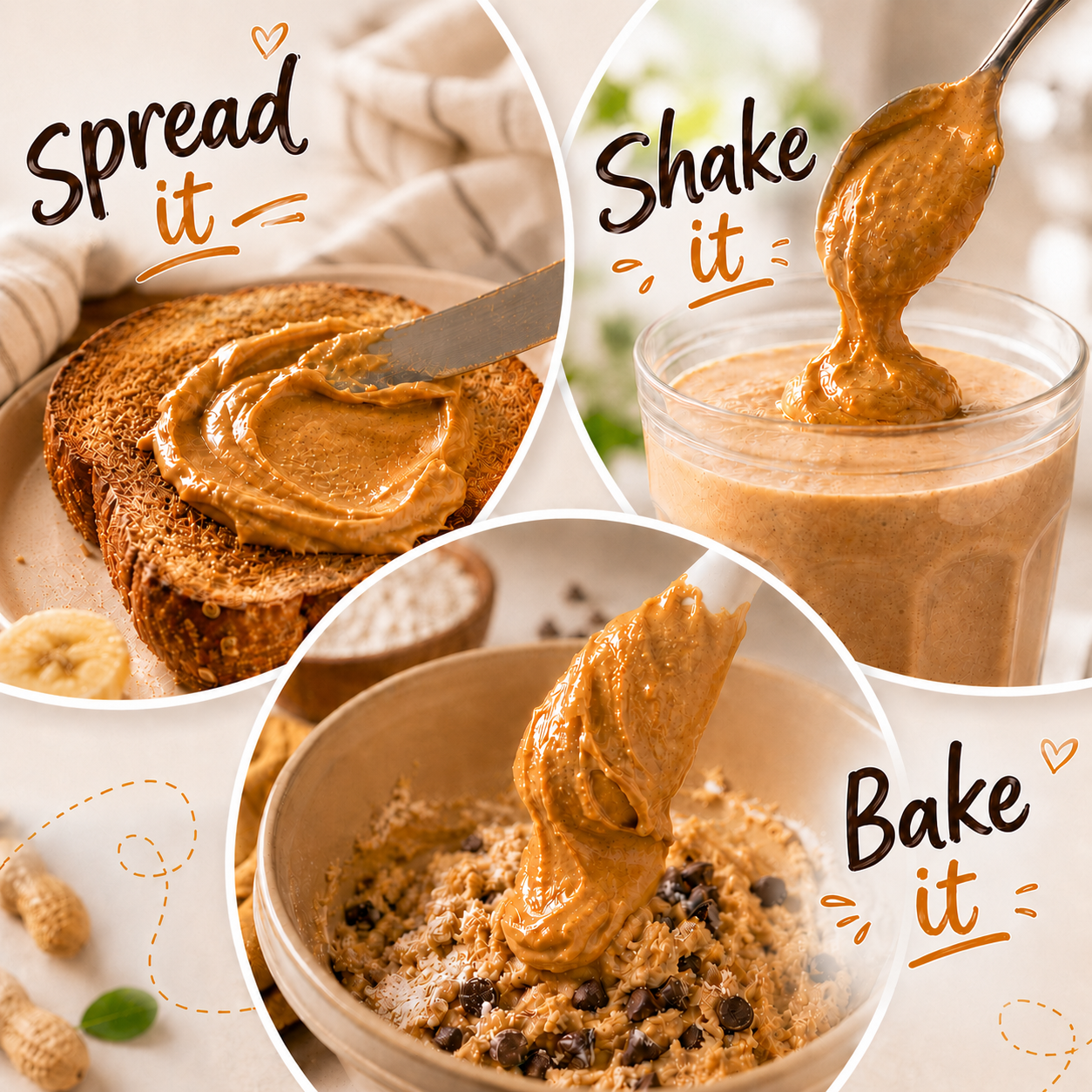 Collage of peanut butter being spread, shaken, and baked with text instructions.