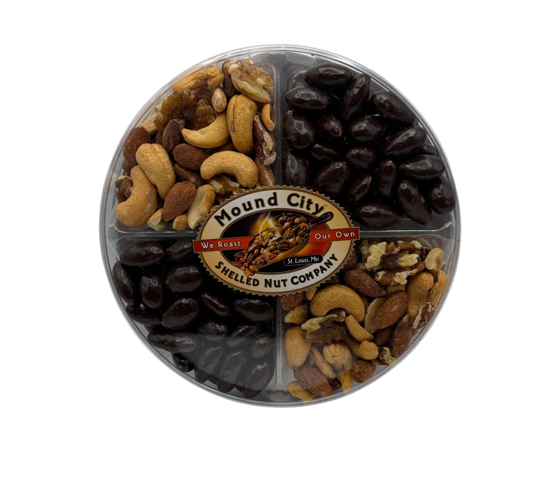 Mound City Shelled Nut Company mixed nuts in a clear container on a white background