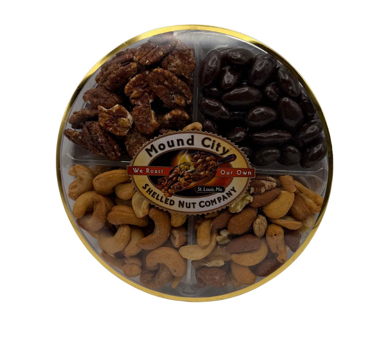Round container of Mound City Gourmet Nut Company assorted nuts on a white background