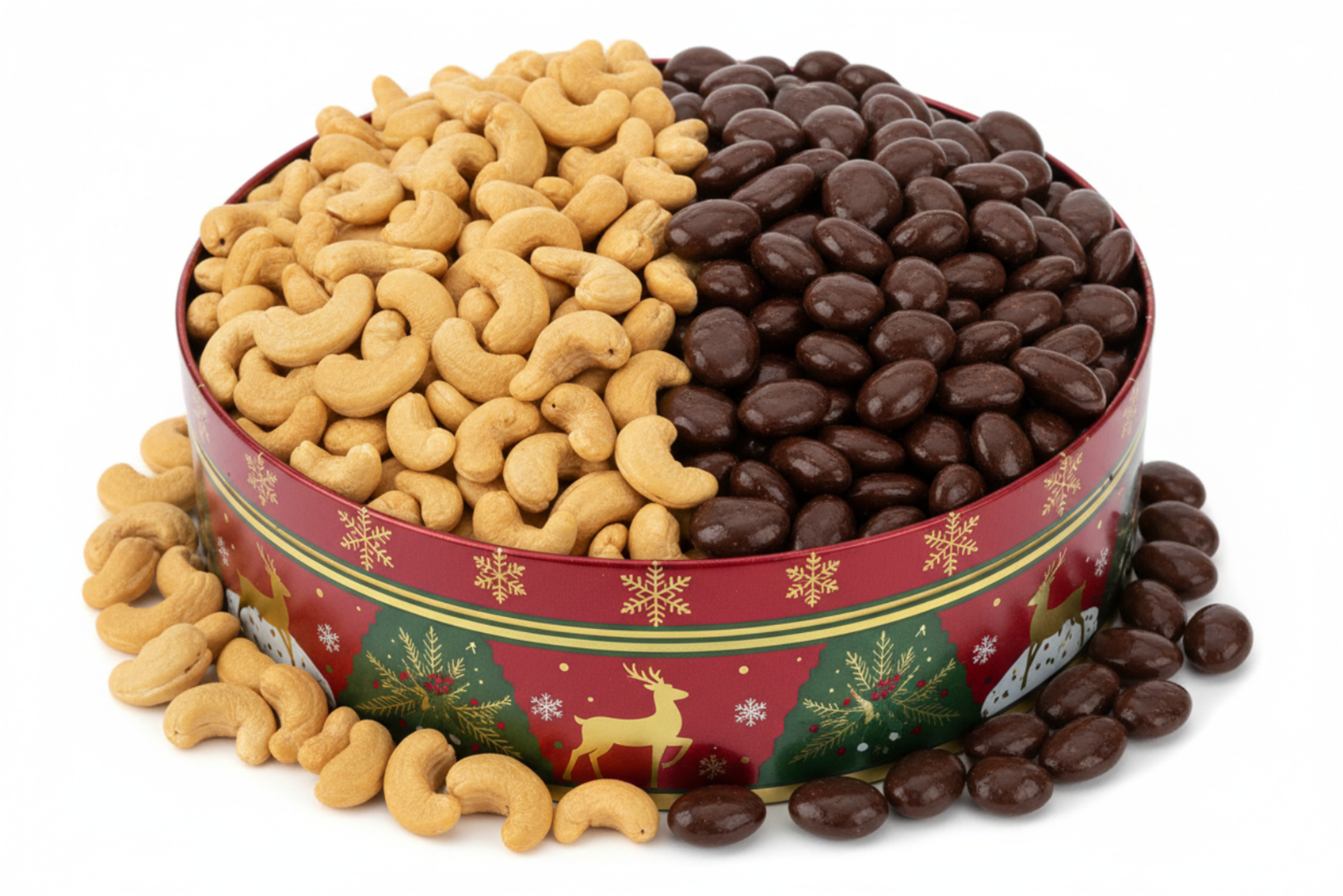 a holiday tin overflowing with half 180 cashews and half dark chocolate almonds zoomed out from a head on view with a white background 