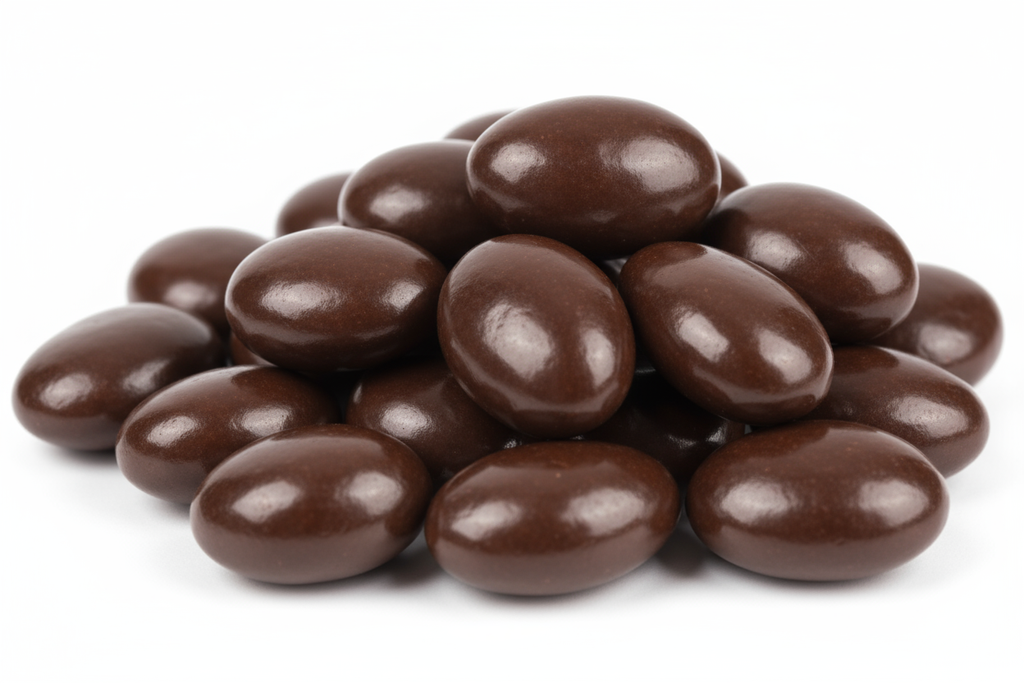 make a pile of fully covered dark chocolate almonds with a white background, they should be sheened 