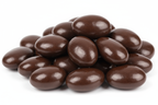 make a pile of fully covered dark chocolate almonds with a white background, they should be sheened 