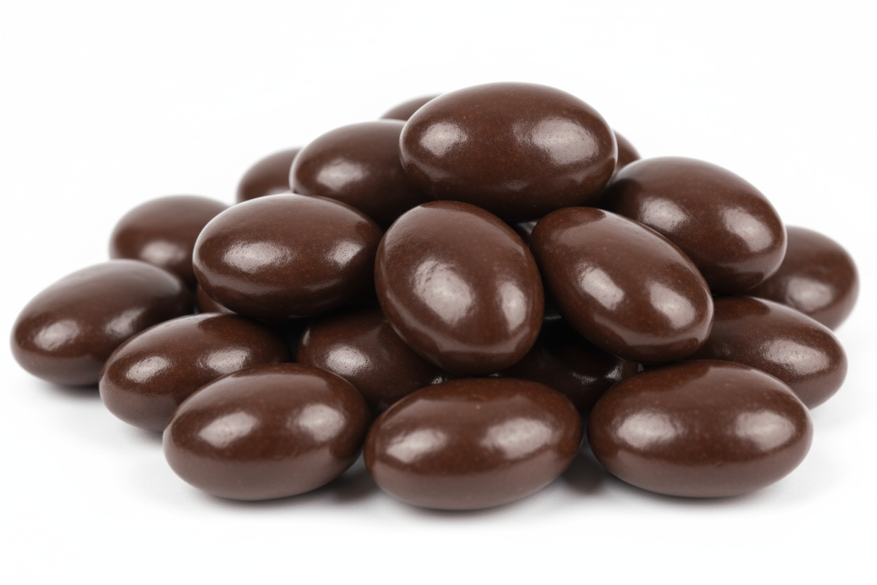 make a pile of fully covered dark chocolate almonds with a white background, they should be sheened 